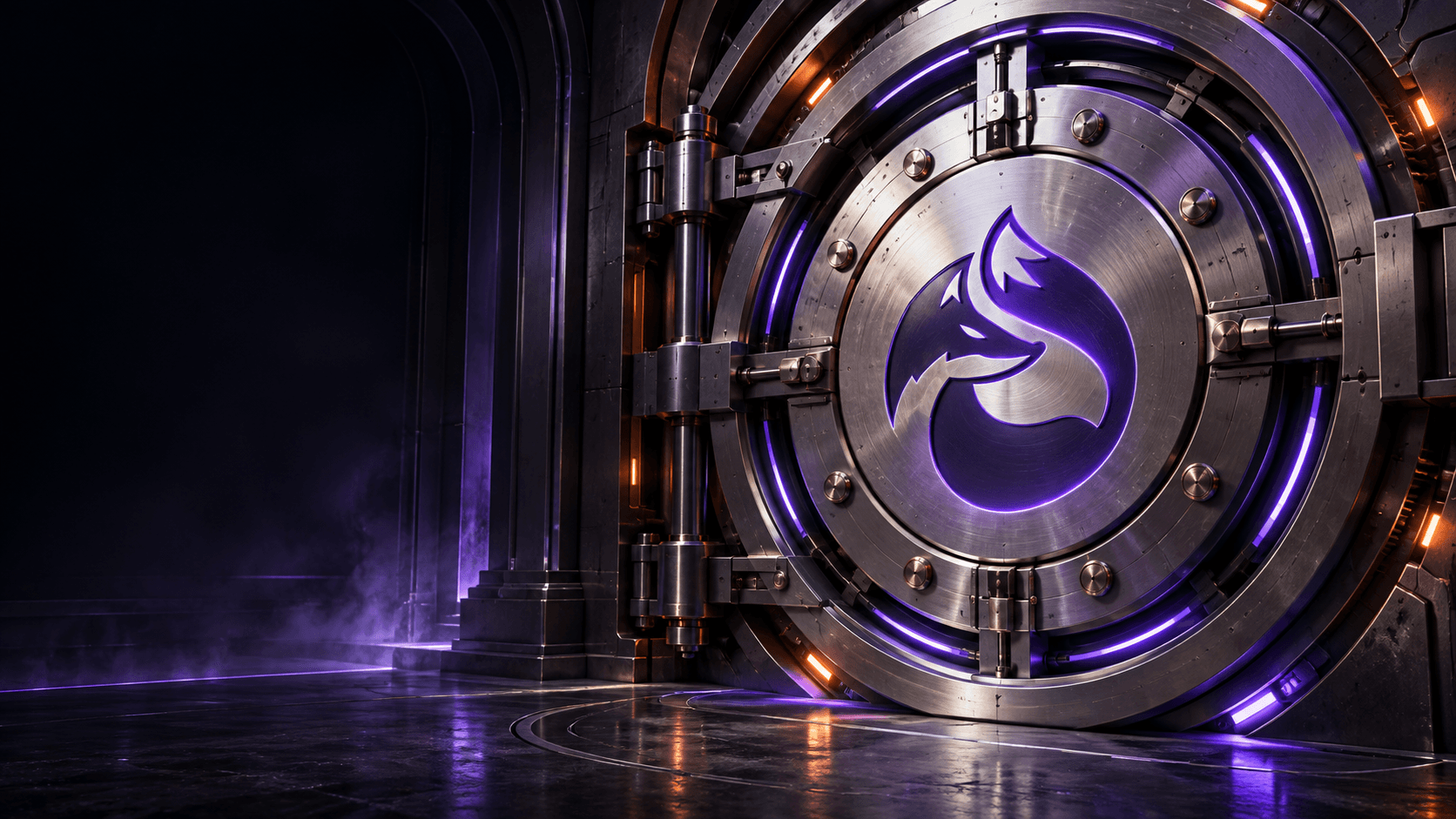 Futuristic titanium vault door engraved with the FoxVault fox symbol